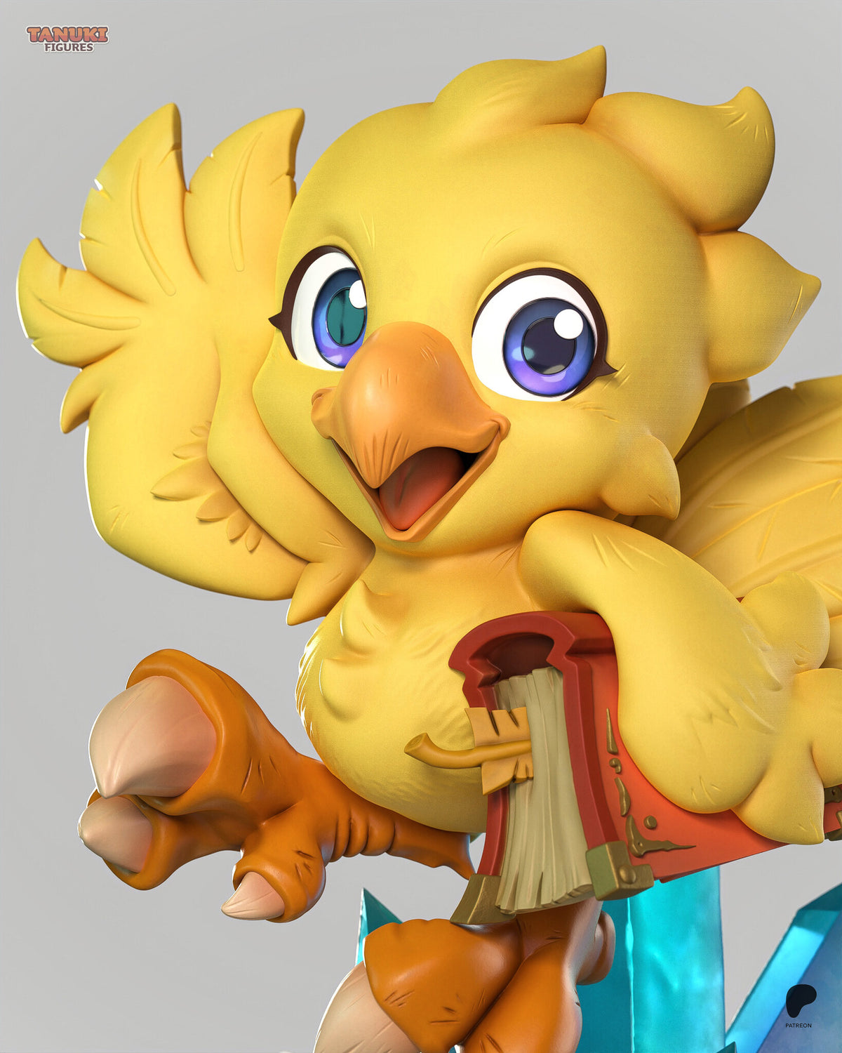 Sculptor's render (kit ships unpainted): close-up of the big blue-violet eyes, open beak and the book with its feather bookmark