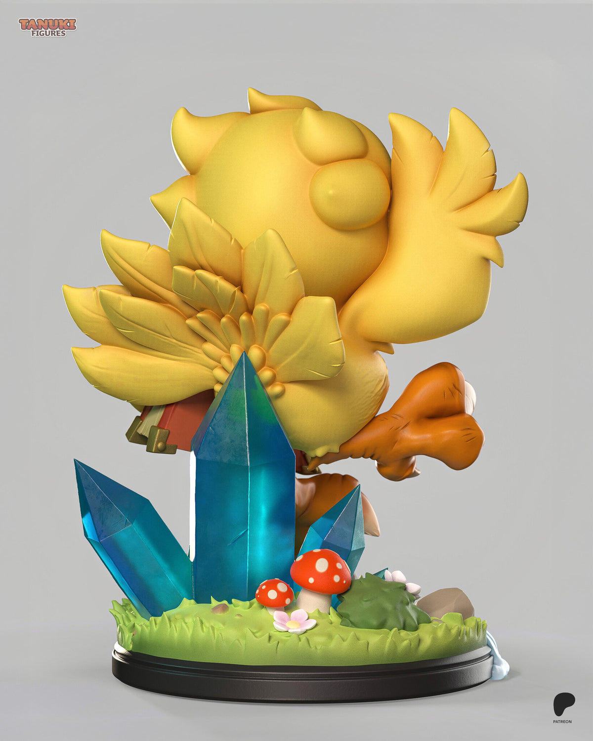 Sculptor's render (kit ships unpainted): back view of the fanned tail feathers with the tall crystal and red mushrooms below