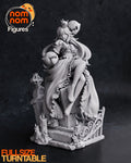 Sculptor's render of the design, shown in gray (kit ships unpainted): front view of the crowned ghost girl seated on the big marked block above the stone steps, with a tombstone, iron railings and candles around her