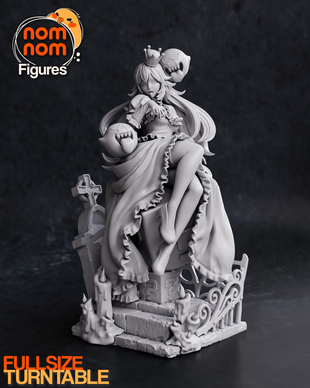 Sculptor's render of the design, shown in gray (kit ships unpainted): front view of the crowned ghost girl seated on the big marked block above the stone steps, with a tombstone, iron railings and candles around her