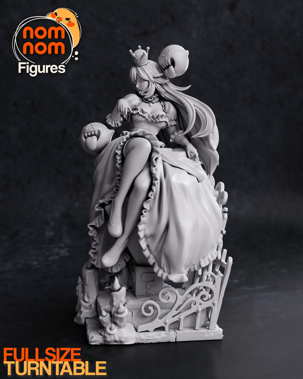 Sculptor's render (kit ships unpainted): three-quarter view from her left, the crossed legs, heels and ruffled skirt draping over the block