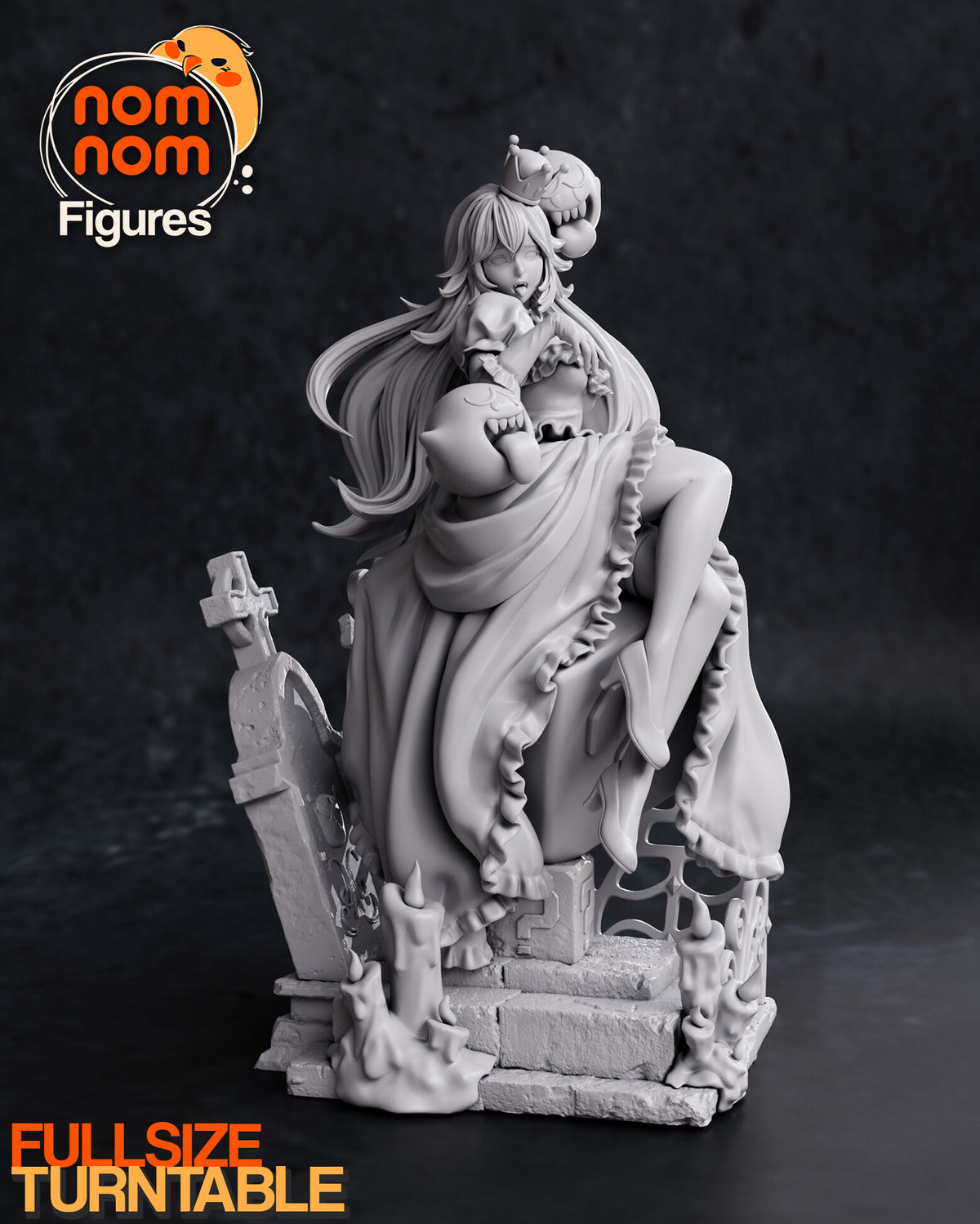 Sculptor's render (kit ships unpainted): three-quarter view from her right with the tombstone in front and her long hair falling behind