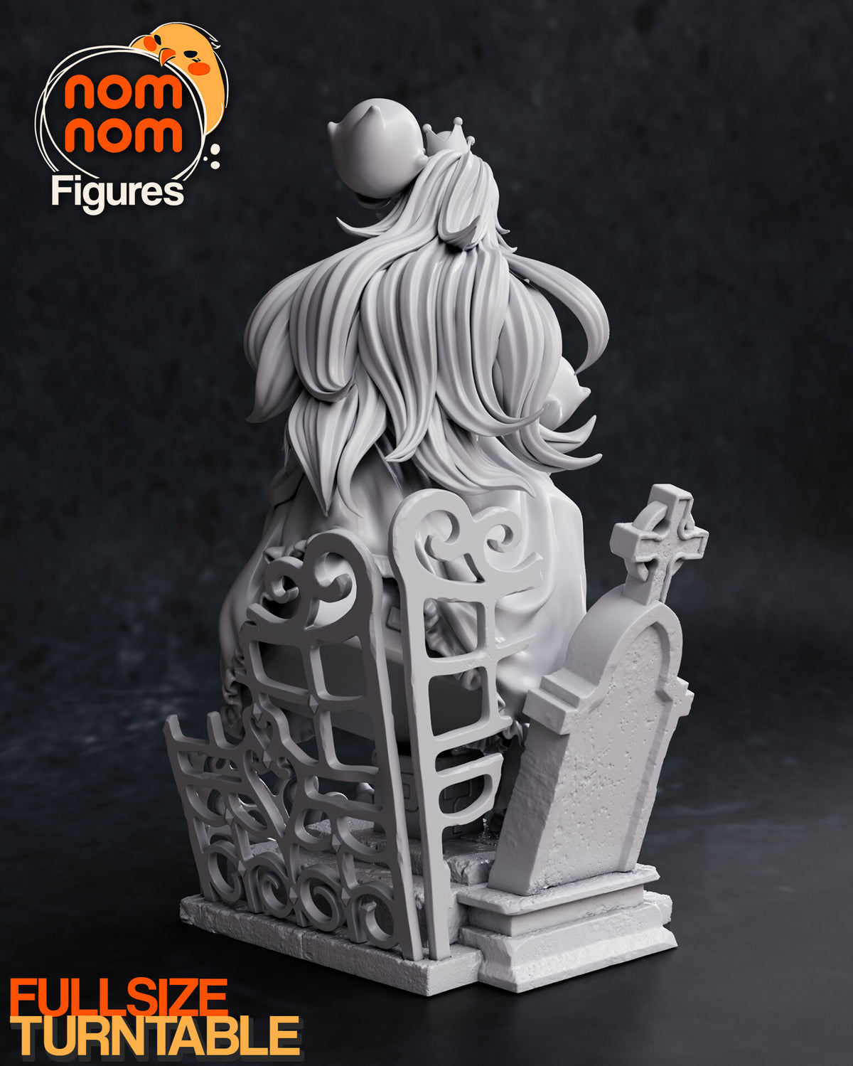 Sculptor's render (kit ships unpainted): rear view of the long hair, the scrolled iron railings and the back of the tombstone
