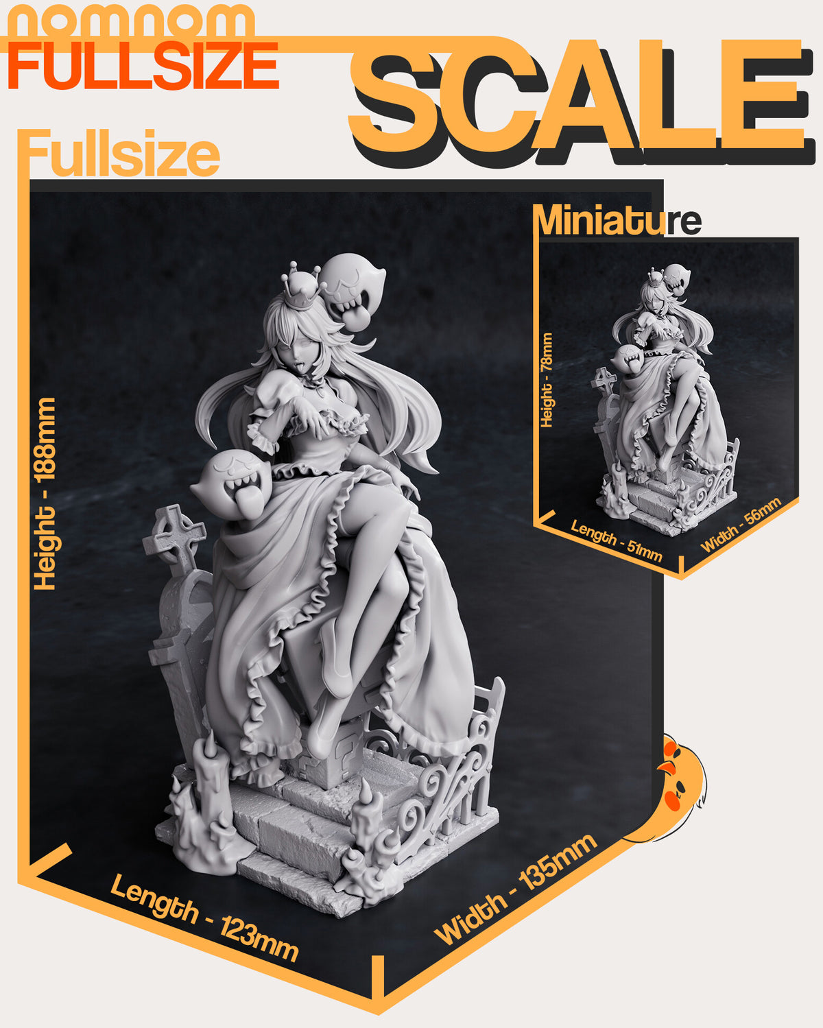 Studio scale sheet (kit ships unpainted): the gray sculpt with the studio's measurements for this size, 188 mm tall, 123 mm long and 135 mm wide; the small inset labeled Miniature is the miniature, sold as a separate listing