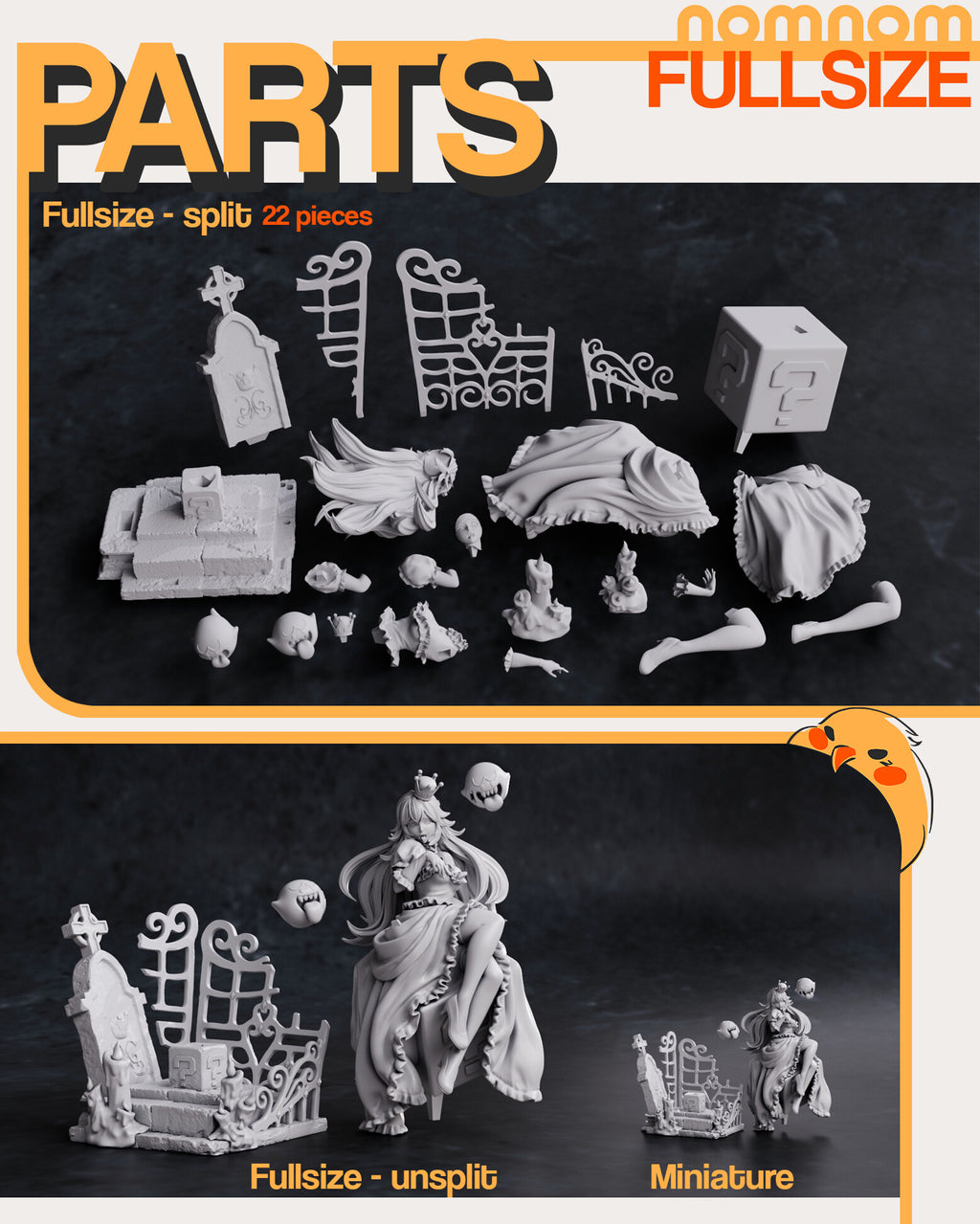 Studio parts sheet (kit ships unpainted): the 22 split pieces laid out (the extra third ghost in this kit is not shown); the lower panel shows the studio's unsplit file and the miniature, which are not part of this listing