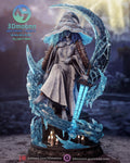 Sculptor's render of the painted design (kit ships unpainted): front full view of the four-armed witch seated on a candlelit stone pedestal under a wide hat, a glowing greatsword at her side, an ice crescent moon behind her and ice curling around the base
