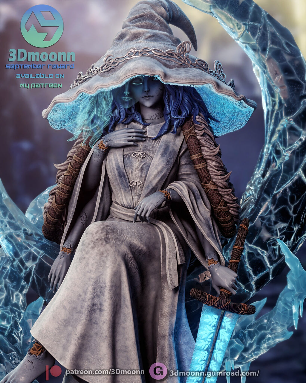 Sculptor's render (kit ships unpainted): closer front view of the pale robe, the fur mantle with its wrapped staves, the hands and the sword grip