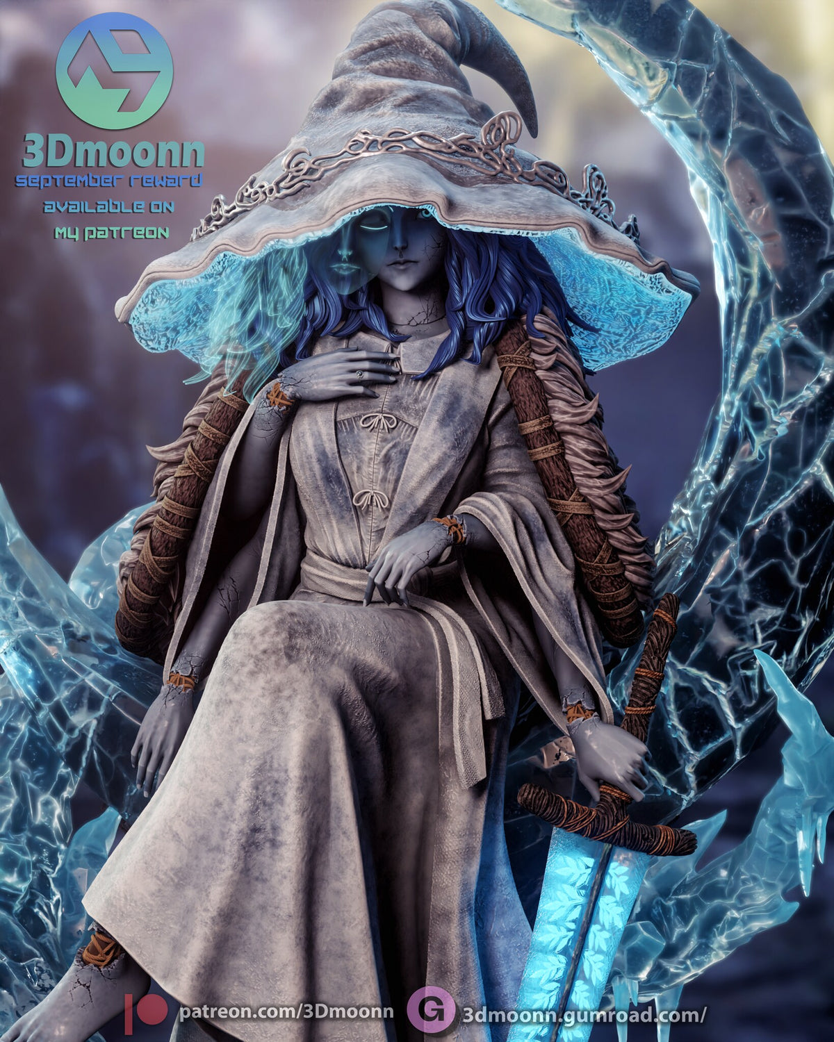 Sculptor's render (kit ships unpainted): closer front view of the pale robe, the fur mantle with its wrapped staves, the hands and the sword grip
