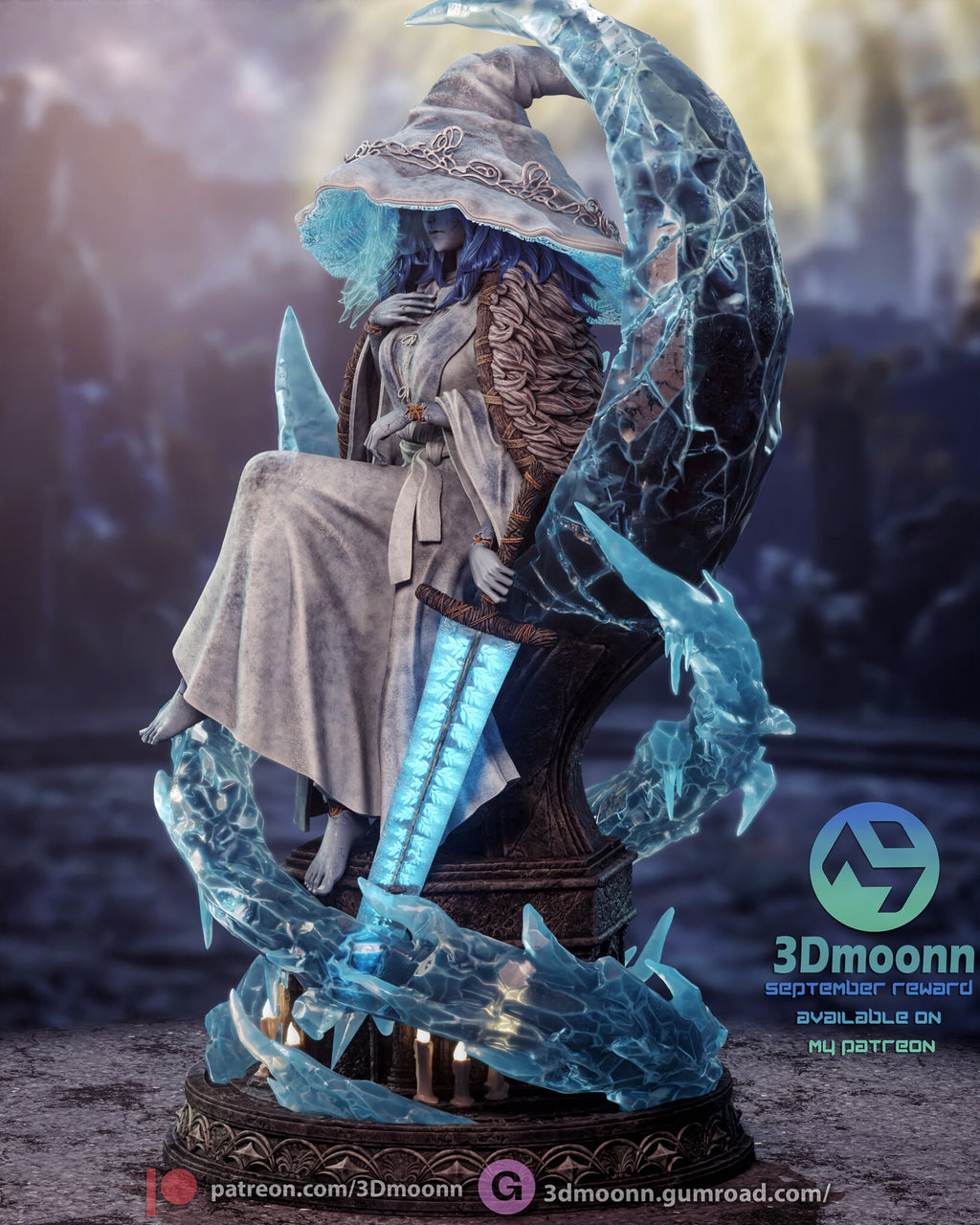 Sculptor's render (kit ships unpainted): three-quarter view from the sword side, with the crescent moon of ice rising behind her