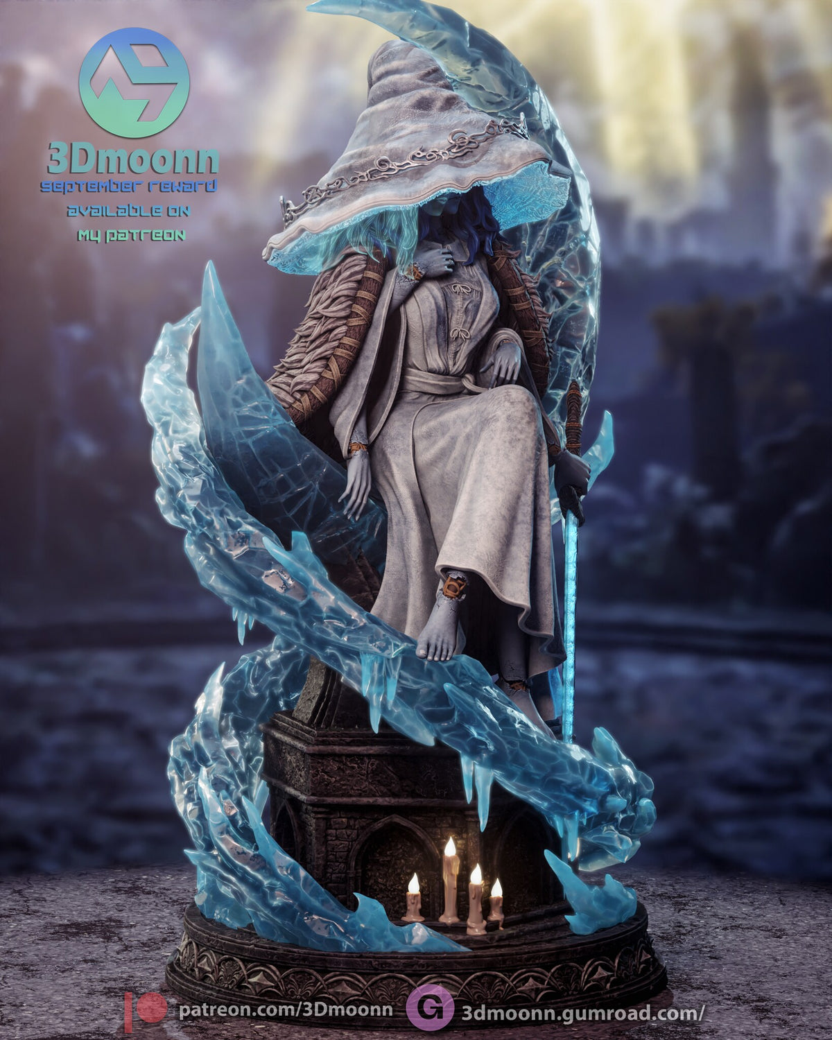 Sculptor's render (kit ships unpainted): three-quarter view from the other side, with lit candles in a stone niche and an ice ribbon curling up to her shoulder