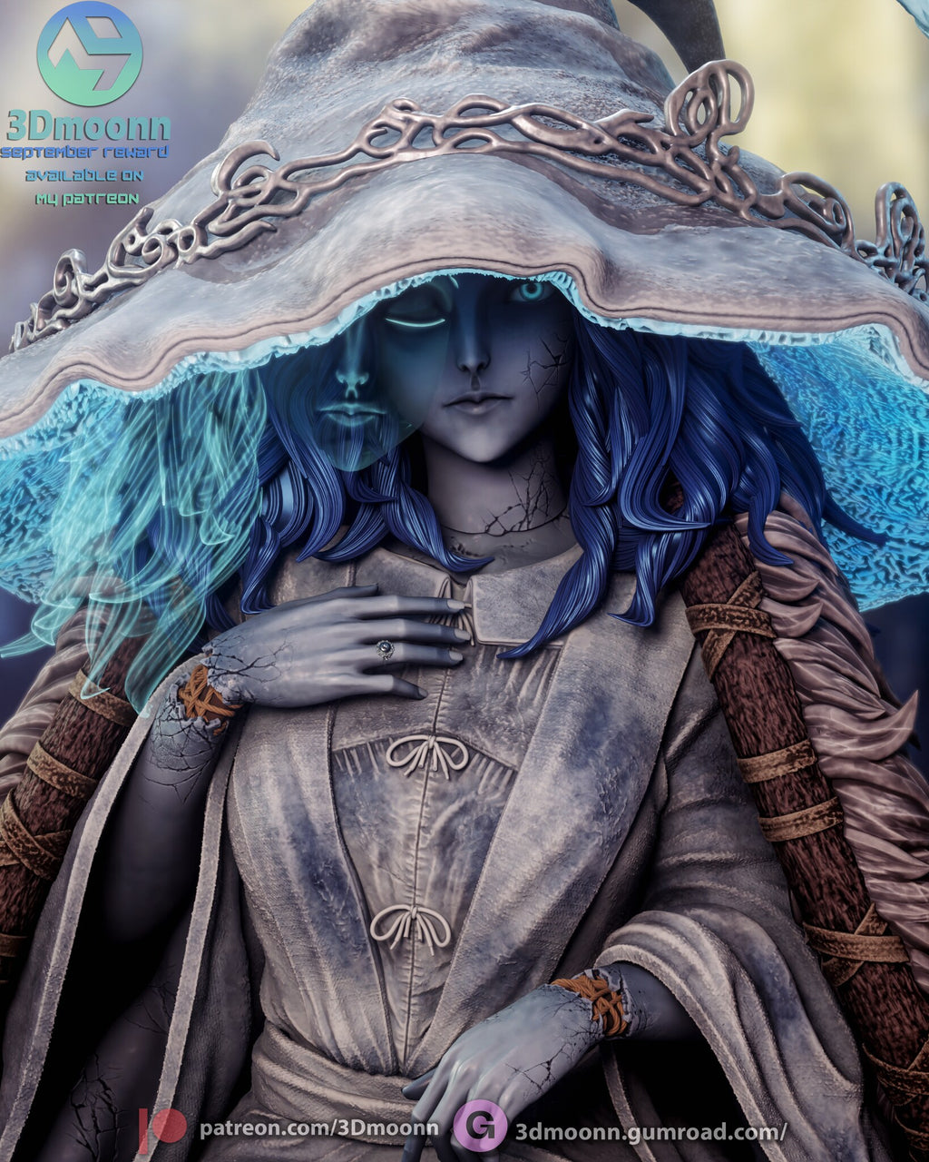 Sculptor's render (kit ships unpainted): close-up of the blue-grey doll face under the hat brim, with the translucent face beside her own and the chain band on the hat