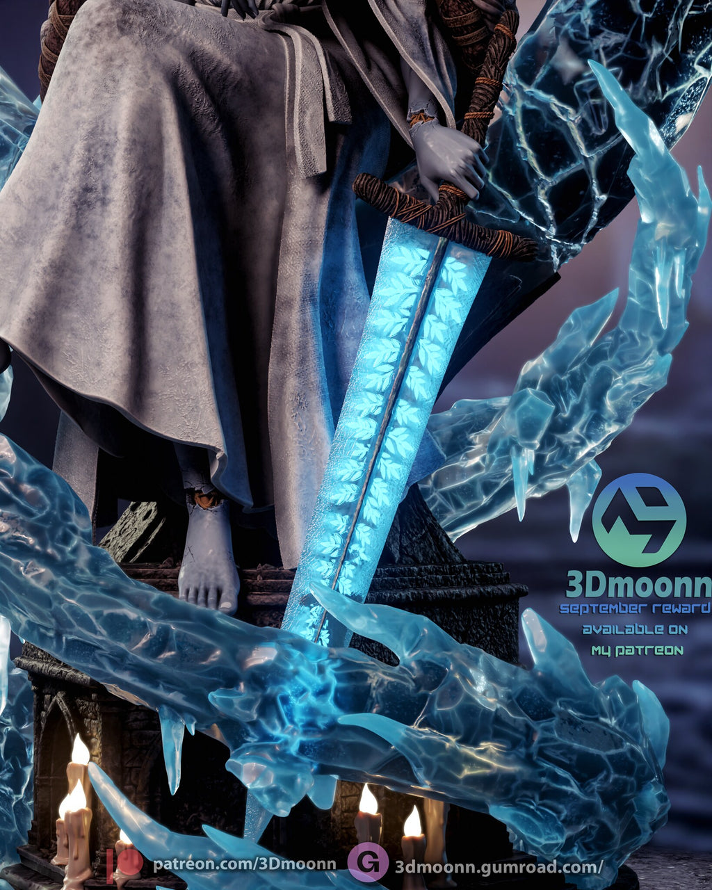 Sculptor's render (kit ships unpainted): close-up of the glowing greatsword blade, the robe hem, a bare foot and the icicles on the ice ribbon