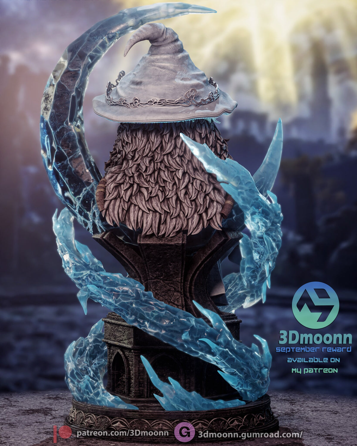 Sculptor's render (kit ships unpainted): back view of the hat, the layered fur mantle, the arched pedestal and the back of the moon