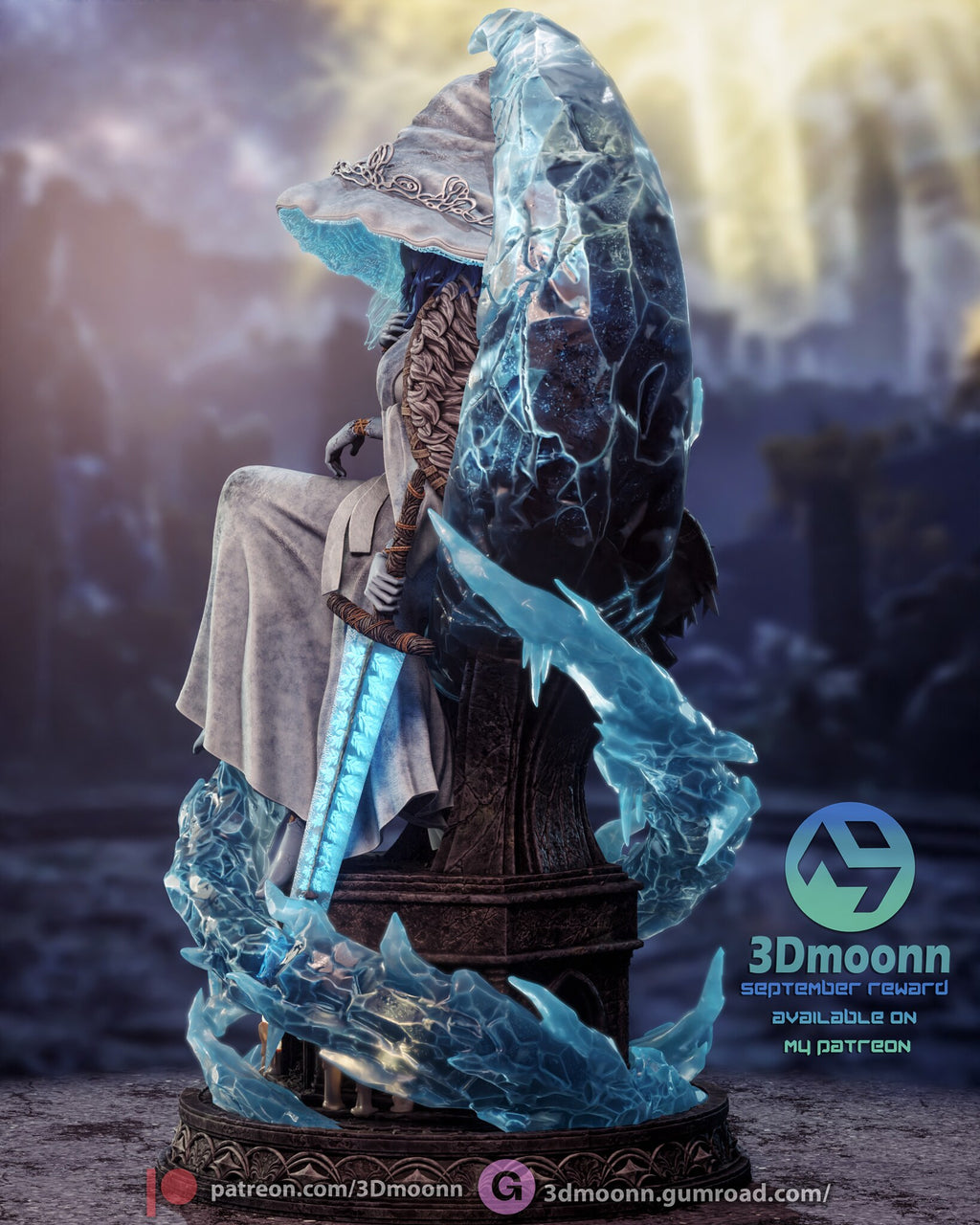Sculptor's render (kit ships unpainted): rear three-quarter view of the seated figure beside the tall ice moon