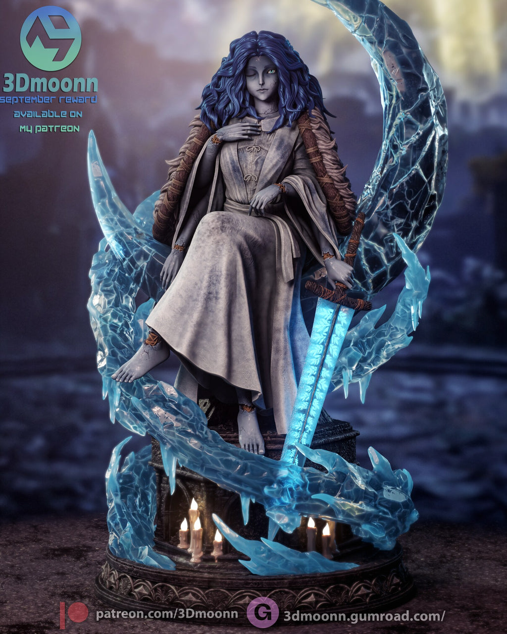 Sculptor's render (kit ships unpainted): the hatless look (its hair is included in the kit): front full view with long wavy blue hair in place of the hat