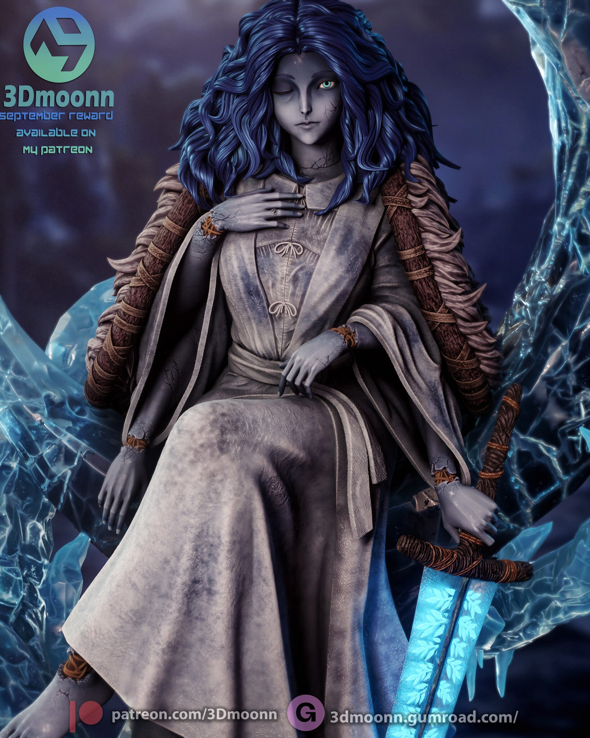 Sculptor's render (kit ships unpainted): the hatless look (its hair is included in the kit): close view of the face with one eye closed, the wavy hair and a hand on her chest
