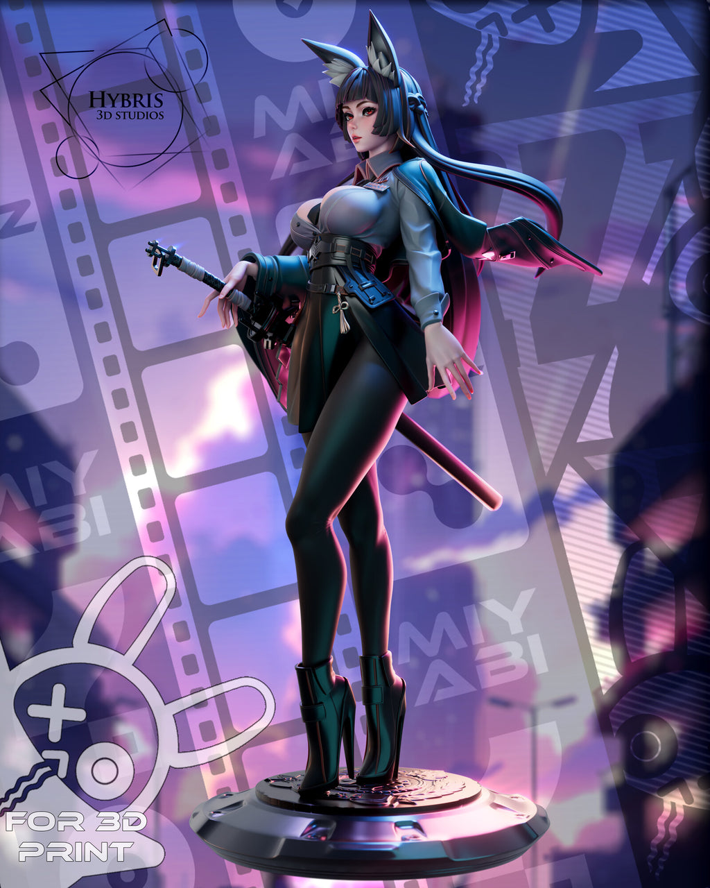 Sculptor's render of the painted design (kit ships unpainted): full three-quarter front view on the round bolted disc base, one hand on the sheathed sword at her hip and the teal jacket draped over her shoulders