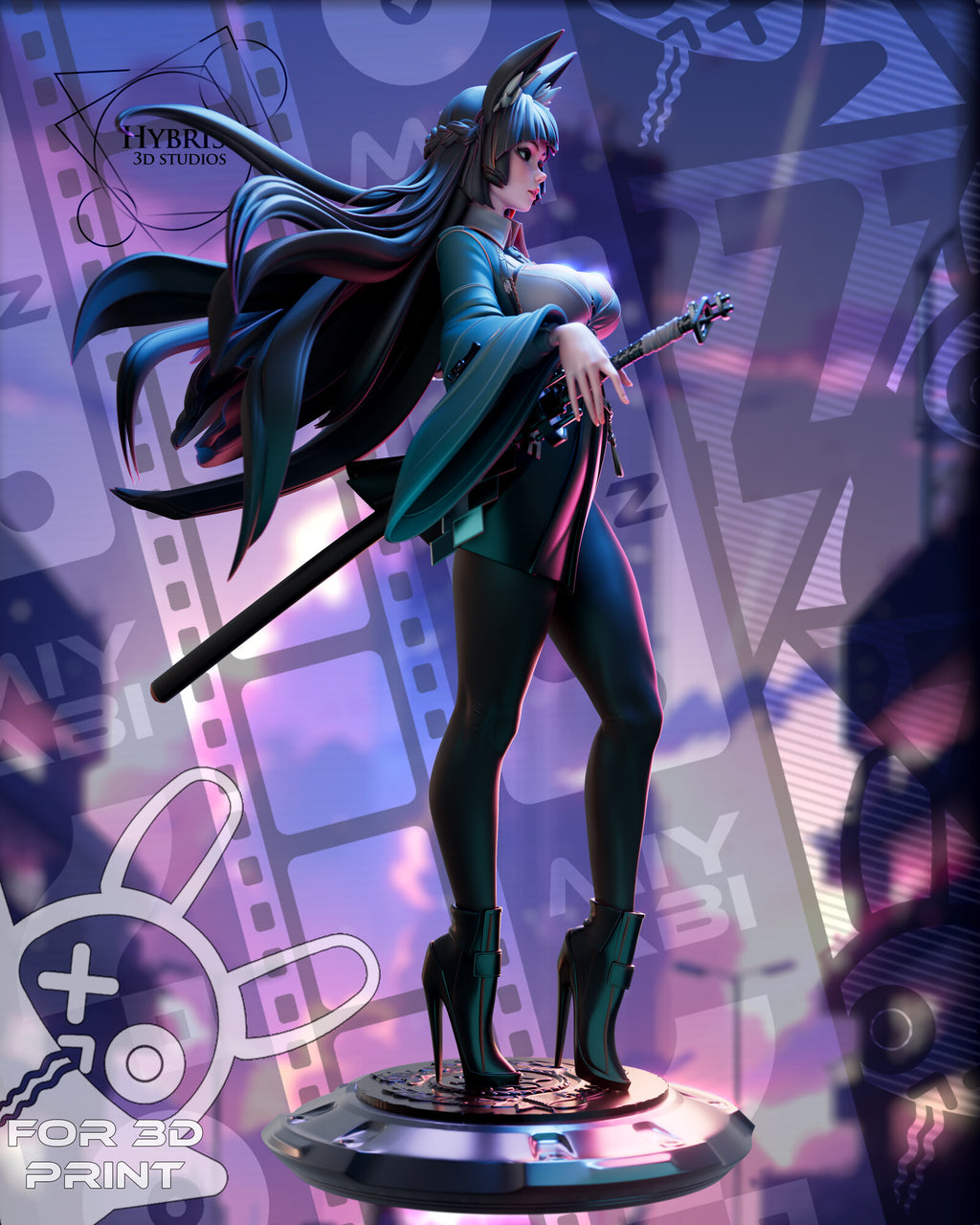 Sculptor's render (kit ships unpainted): full side view from her left, the jacket sleeves flaring and the sword hilt at her hip