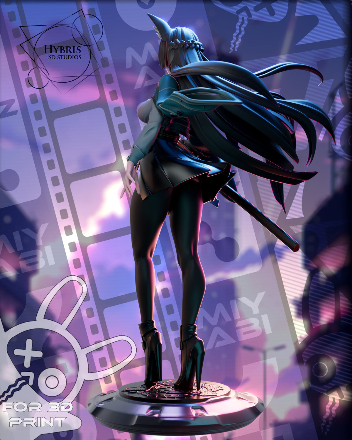 Sculptor's render (kit ships unpainted): rear view of the full figure with the jacket, the long hair and the scabbard behind her