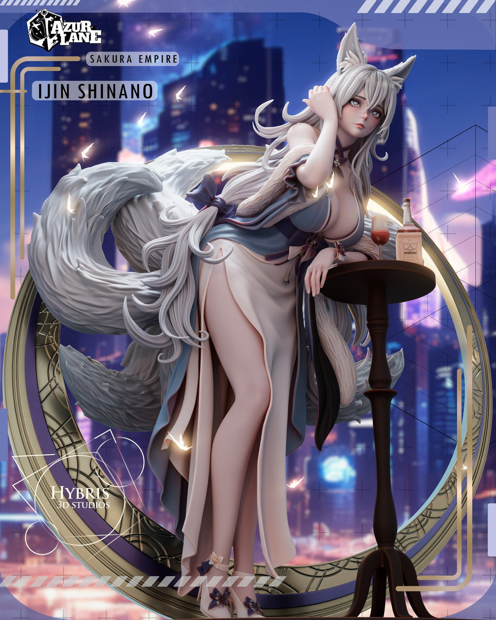 Sculptor's render of the painted design (kit ships unpainted): three-quarter view of the silver-haired fox woman in a blue evening gown leaning on a bar table, the gold ring behind her (left part of the scene cropped)