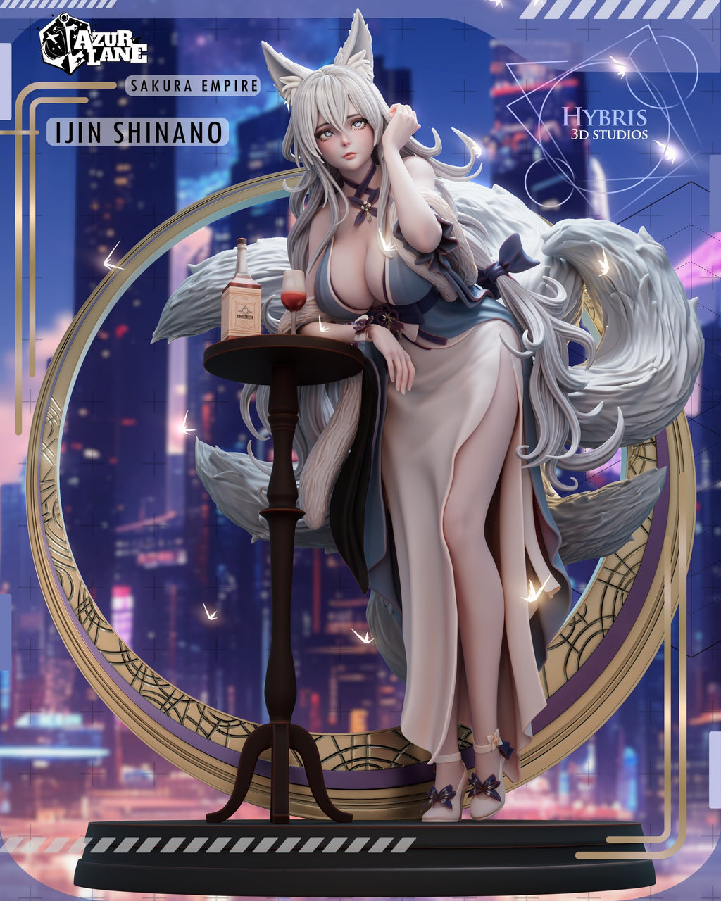 Sculptor's render (kit ships unpainted): front view of the figure with her tails and the gold ring behind her (left part of the scene cropped)