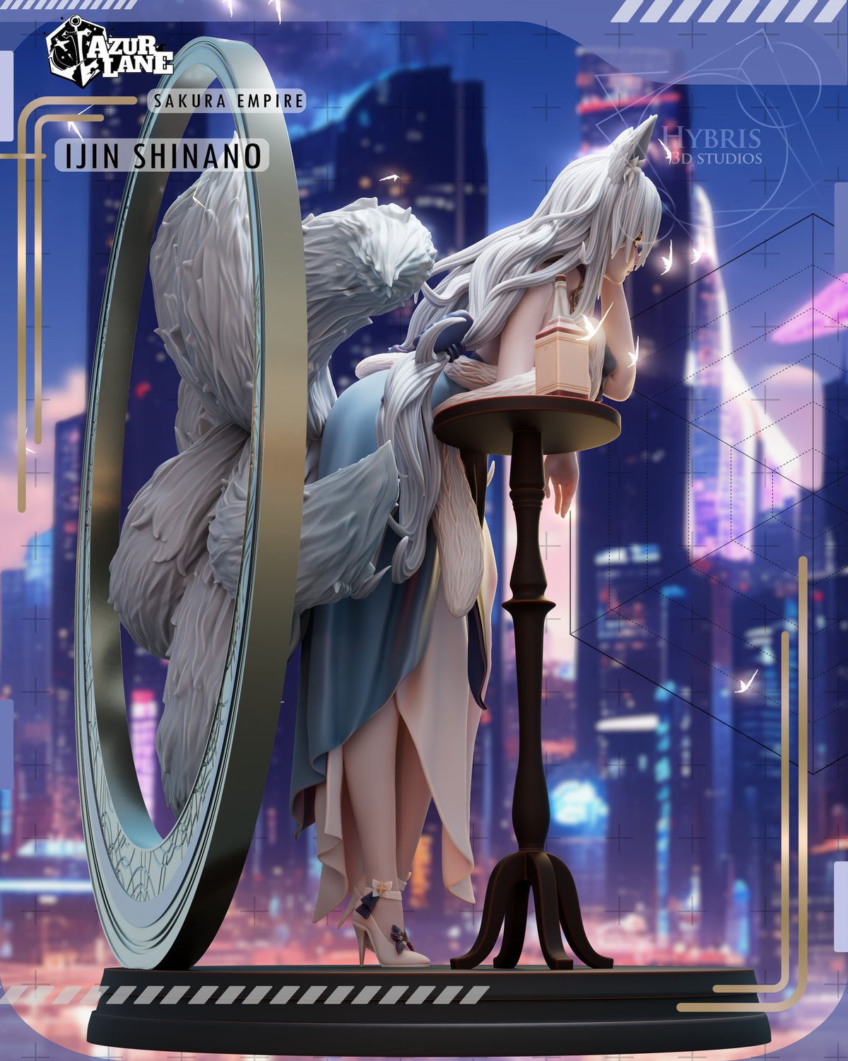 Sculptor's render (kit ships unpainted): side view of her leaning over the table, tails behind her (cropped; the ring's edge is out of frame)