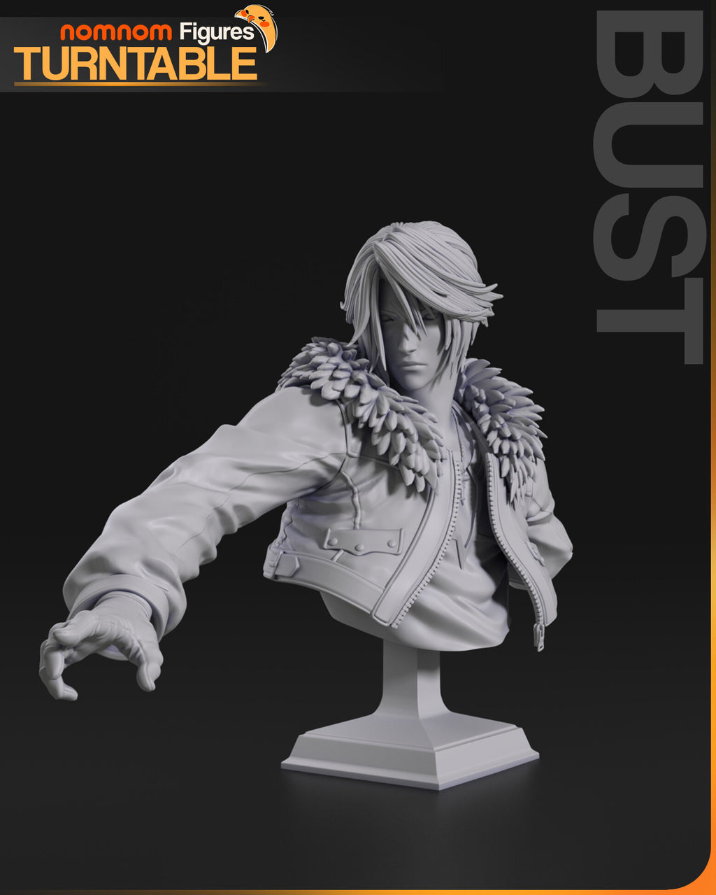 Sculptor's render of the painted design (kit ships unpainted): gray studio view of the bust, the leather jacket with its thick feathered collar and one arm thrust out, on a stepped plinth
