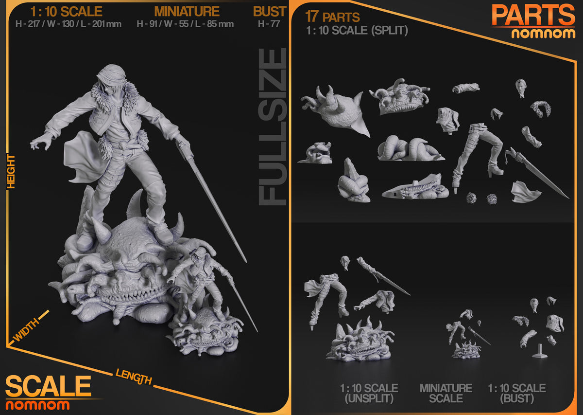Studio scale and parts sheet (kit ships unpainted): the studio's sizes for each version (bust 77 mm tall), with the bust's parts shown in the bottom-right corner