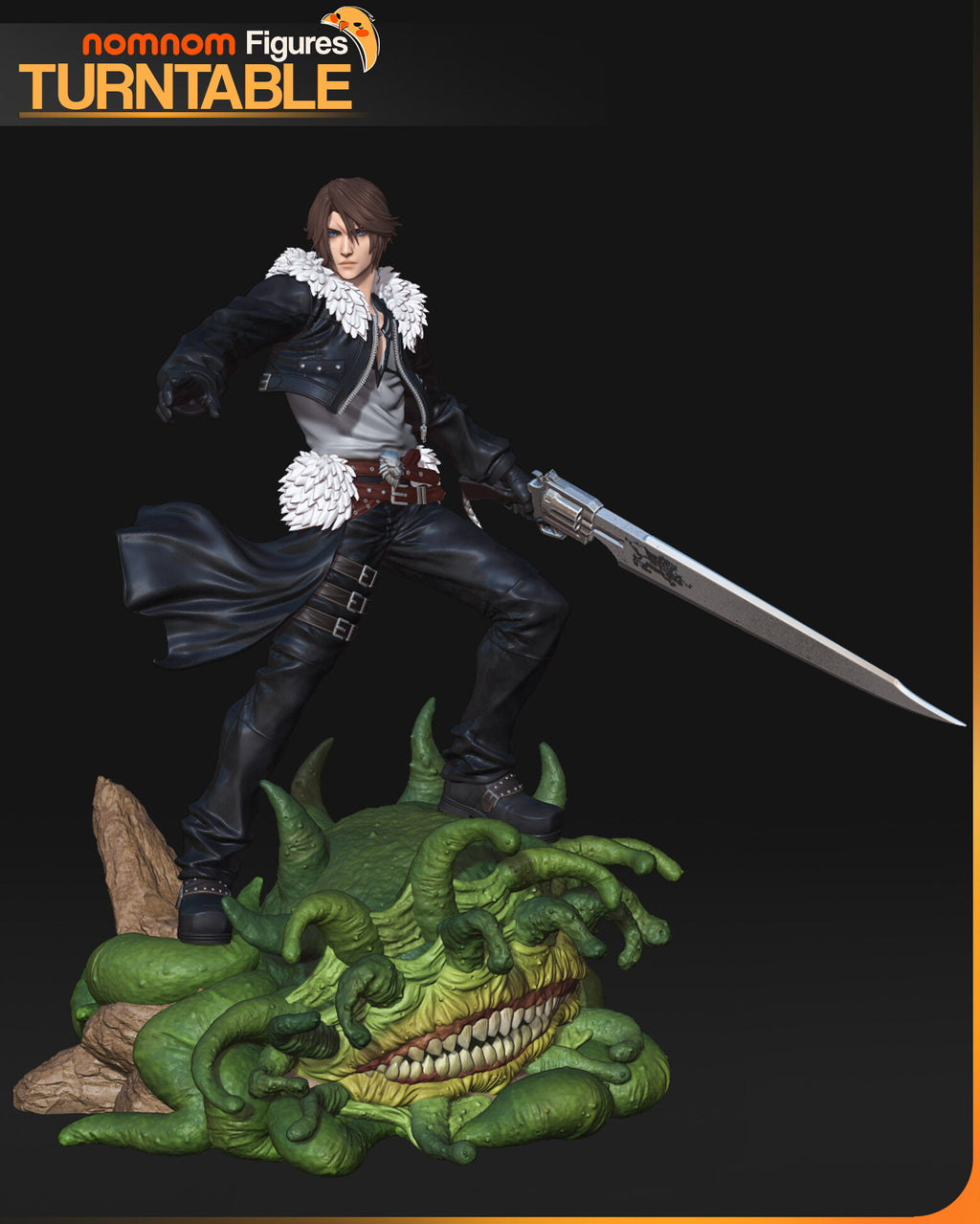 Sculptor's render (kit ships unpainted): the painted design, front three-quarter view of the swordsman in a black leather jacket with a white fur collar standing on the green tentacled monster; the miniature is the same sculpt at 91 mm tall, in 5 pieces
