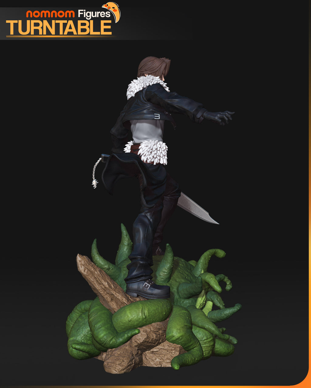 Sculptor's render (kit ships unpainted): painted side view from behind with the arms spread and the tan rock spike beside his boot; the miniature is the same sculpt at 91 mm tall, in 5 pieces