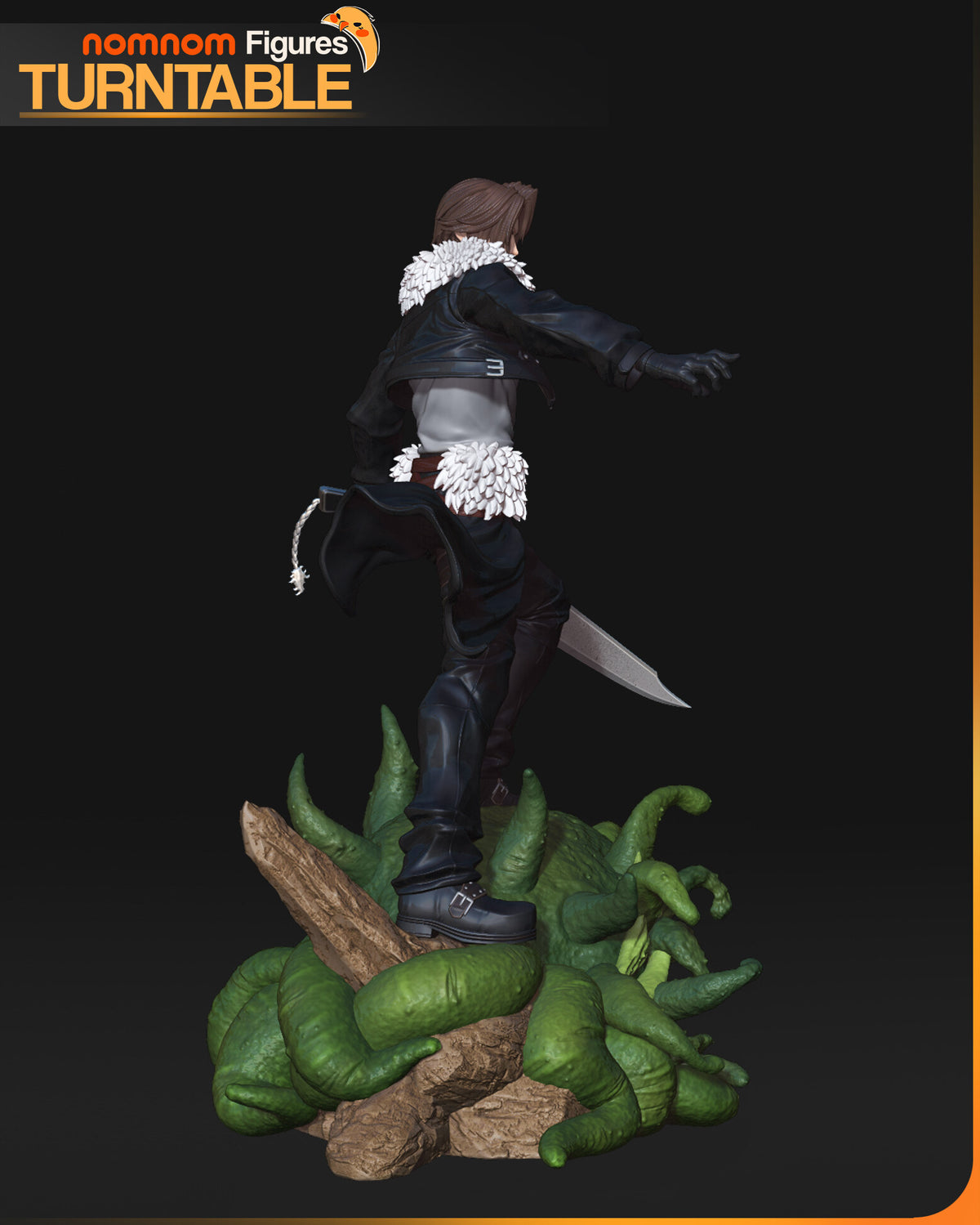 Sculptor's render (kit ships unpainted): painted side view from behind with the arms spread and the tan rock spike beside his boot; the miniature is the same sculpt at 91 mm tall, in 5 pieces