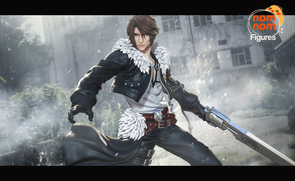 Sculptor's render (kit ships unpainted): painted wide view of the swordsman in his fighting stance with the gun-hilt sword, against a ruined street backdrop