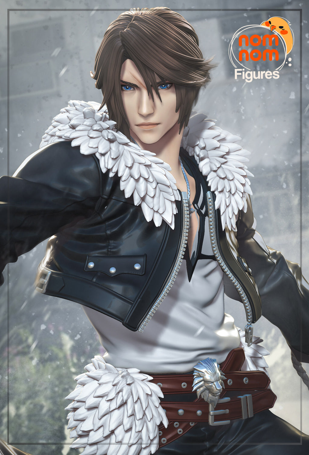 Sculptor's render (kit ships unpainted): painted close view of the face, the white feathered collar, the zipped leather jacket and the belts with the lion-head buckle