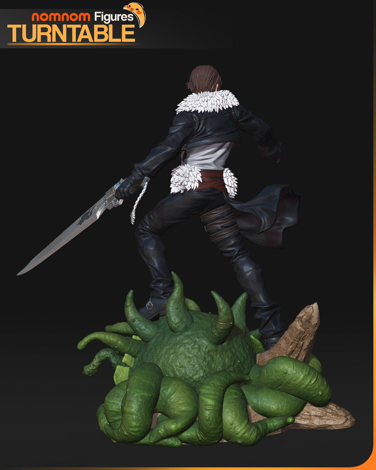 Sculptor's render (kit ships unpainted): rear three-quarter view of the jacket, the flaring half-skirt and the sword, with the tentacles and rocks of the base