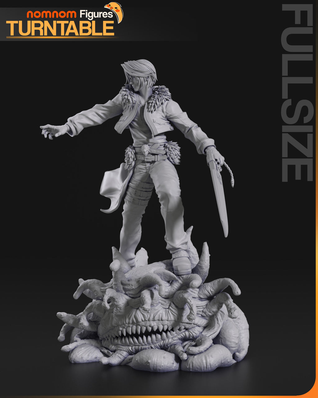 Sculptor's render (kit ships unpainted): gray view from the sword side, the monster's mouth at the front of the base