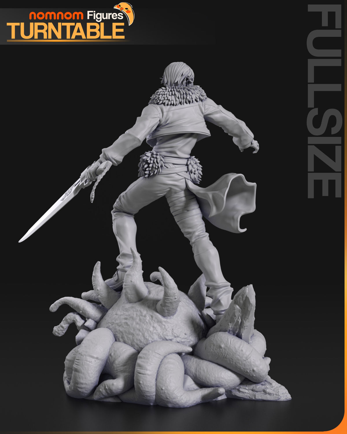 Sculptor's render (kit ships unpainted): gray rear view of the jacket, the half-skirt and the curled tentacles