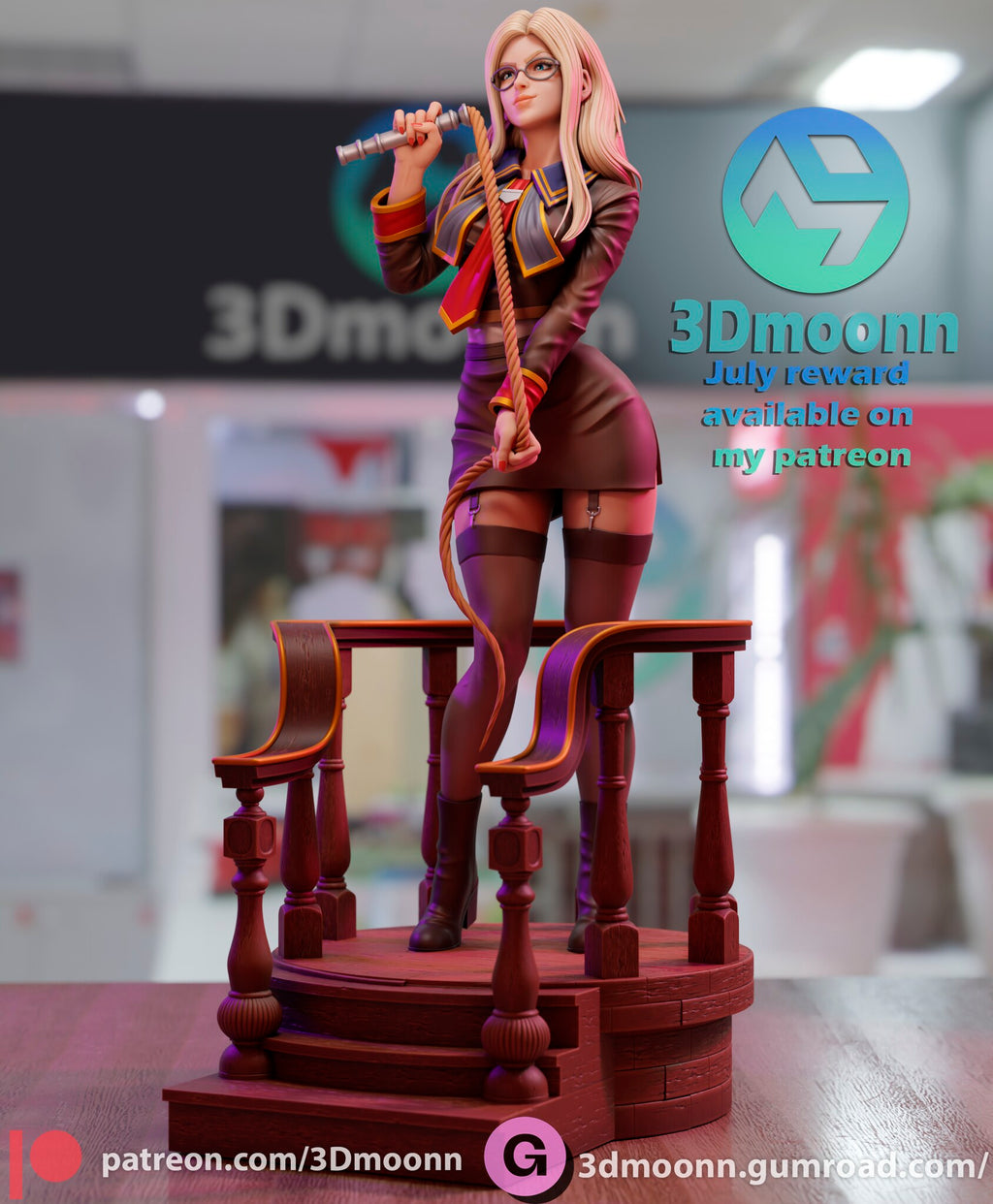 Sculptor's render (kit ships unpainted): three-quarter view from her left with the twisted lash in her lowered hand and the turned newel posts