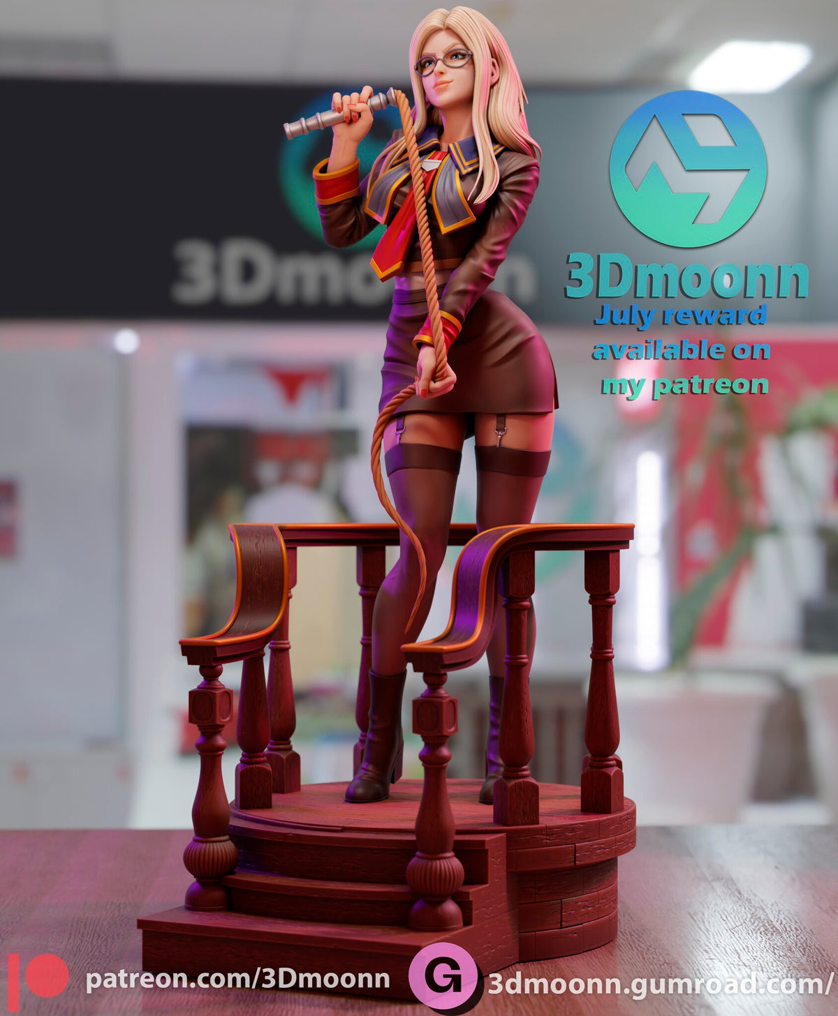 Sculptor's render (kit ships unpainted): three-quarter view from her left with the twisted lash in her lowered hand and the turned newel posts