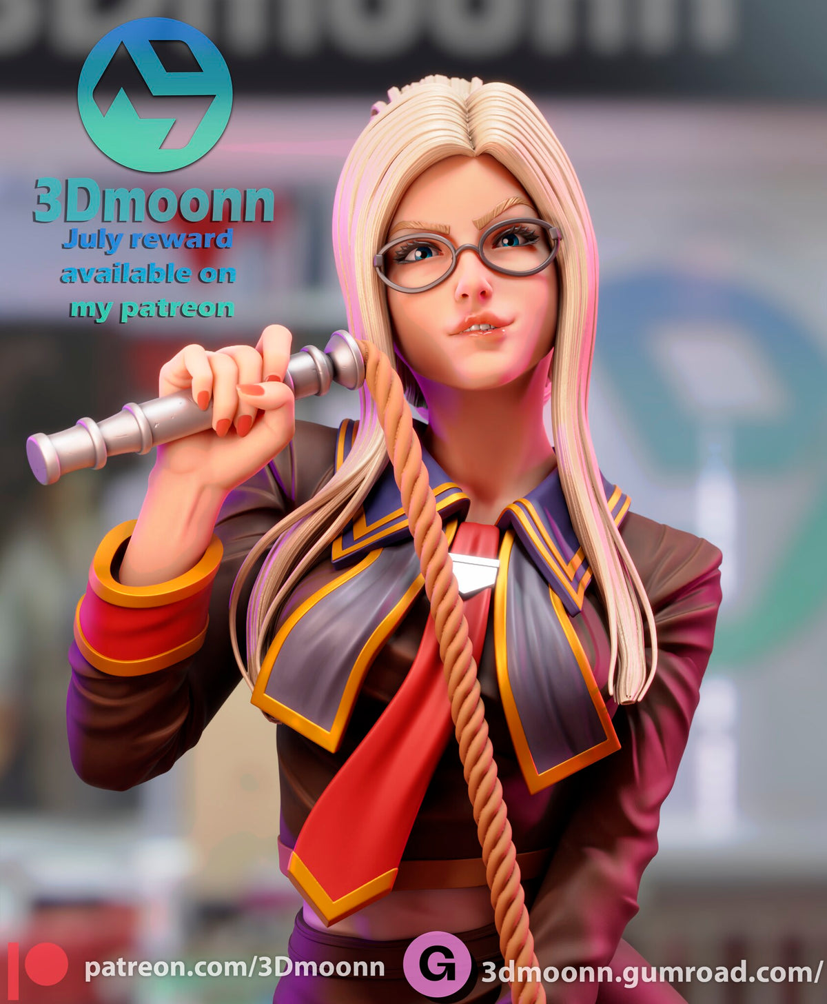 Sculptor's render (kit ships unpainted): close-up of the face, oval glasses, steel whip handle and layered collar with red tie