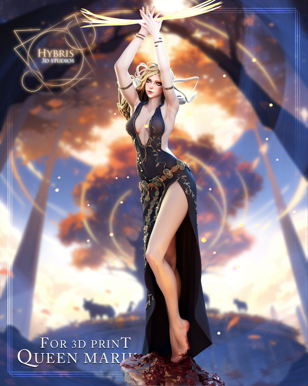Sculptor's render of the painted design (kit ships unpainted): full front view, both arms stretched straight up with the hands meeting overhead, standing on her toes on the rock in the long vine-embroidered gown