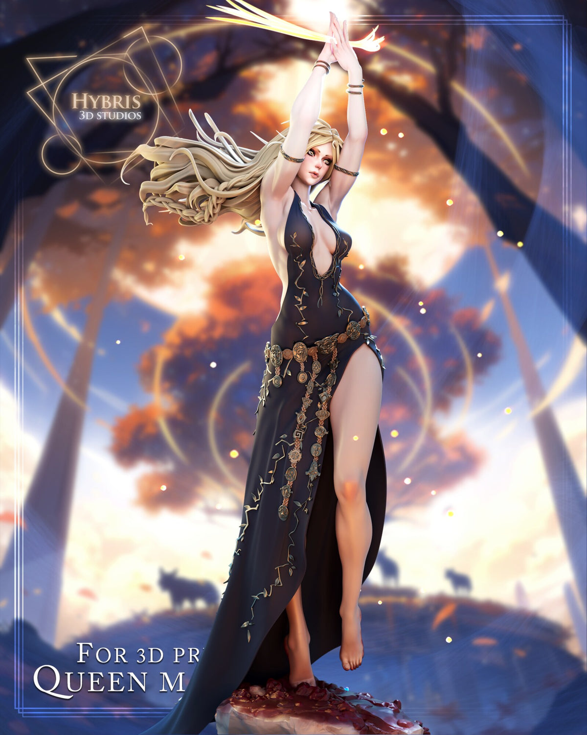 Sculptor's render (kit ships unpainted): full three-quarter view with the golden hair blowing to one side, the coin belt and the strands of coins along the skirt