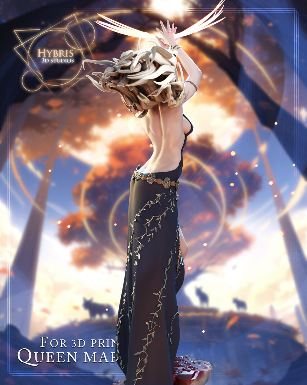 Sculptor's render (kit ships unpainted): rear view of the raised arms, the windswept hair and the vine embroidery down the back of the skirt