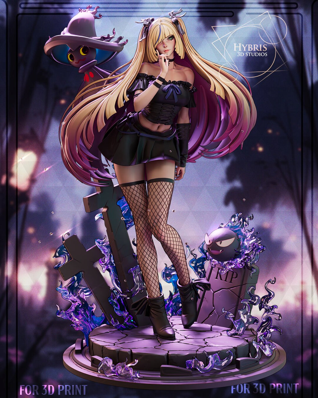 Sculptor's render of the painted design (kit ships unpainted): front view of the gothic blonde figure with a finger to her lips on the graveyard base, a witch-hat ghost above her and a round ghost over the headstone