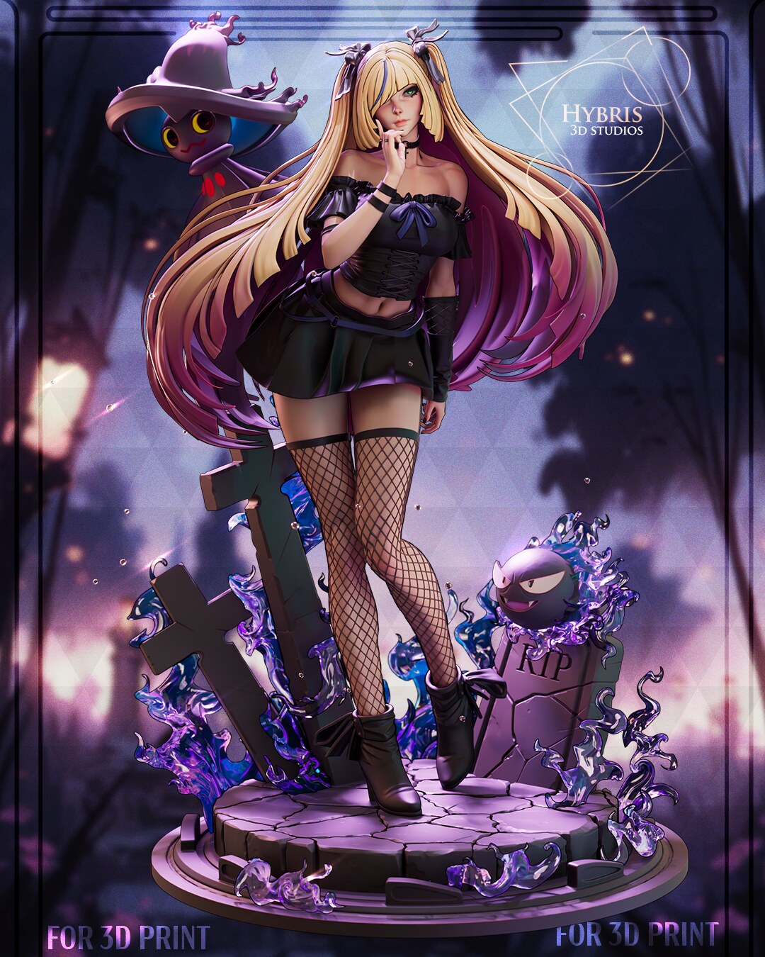 Sculptor's render of the painted design (kit ships unpainted): front view of the gothic blonde figure with a finger to her lips on the graveyard base, a witch-hat ghost above her and a round ghost over the headstone