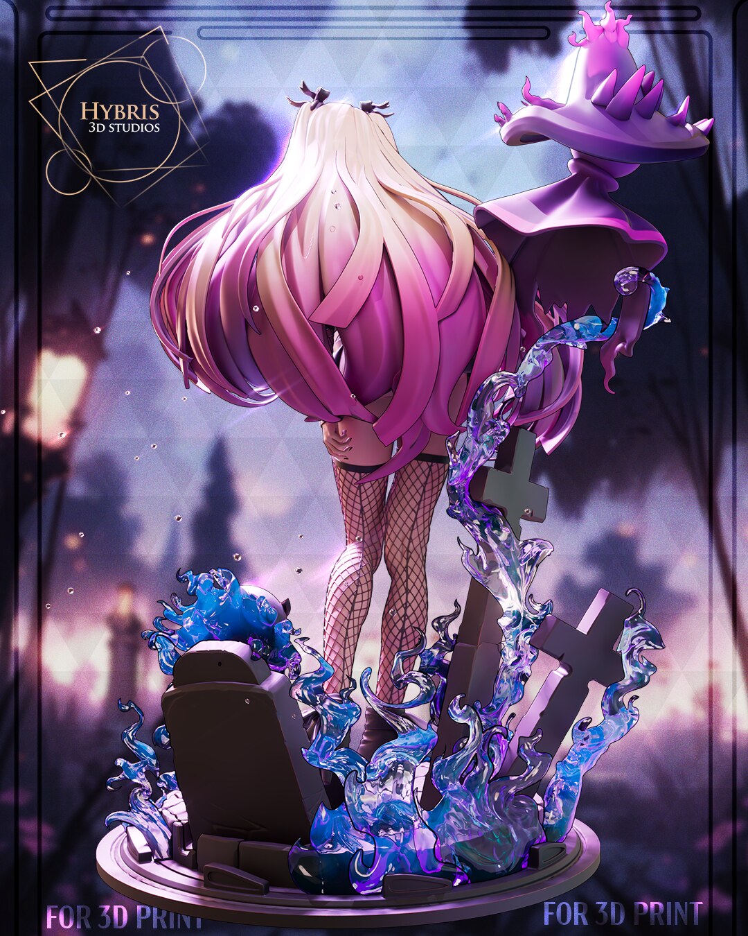 Sculptor's render (kit ships unpainted): rear view of the long twin tails fading to pink, the floating ghost and the flames
