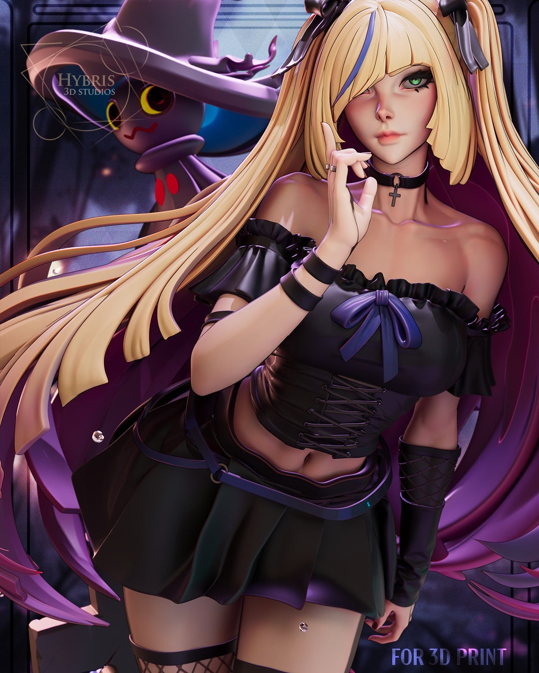 Sculptor's render (kit ships unpainted): front view of the twin-tailed girl in the black dress, finger to her lips, with the witch-hat ghost behind