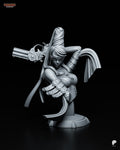 Sculptor's render of the design (kit ships unpainted): the bust from the front, one arm hooked behind her head holding a pistol, on the round plinth
