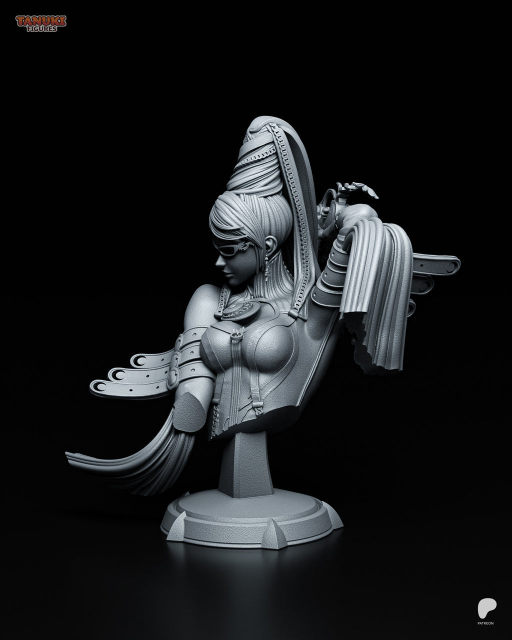 Sculptor's render (kit ships unpainted): three-quarter view showing the banded raised arm, the hanging hair curtain and the belted forward arm