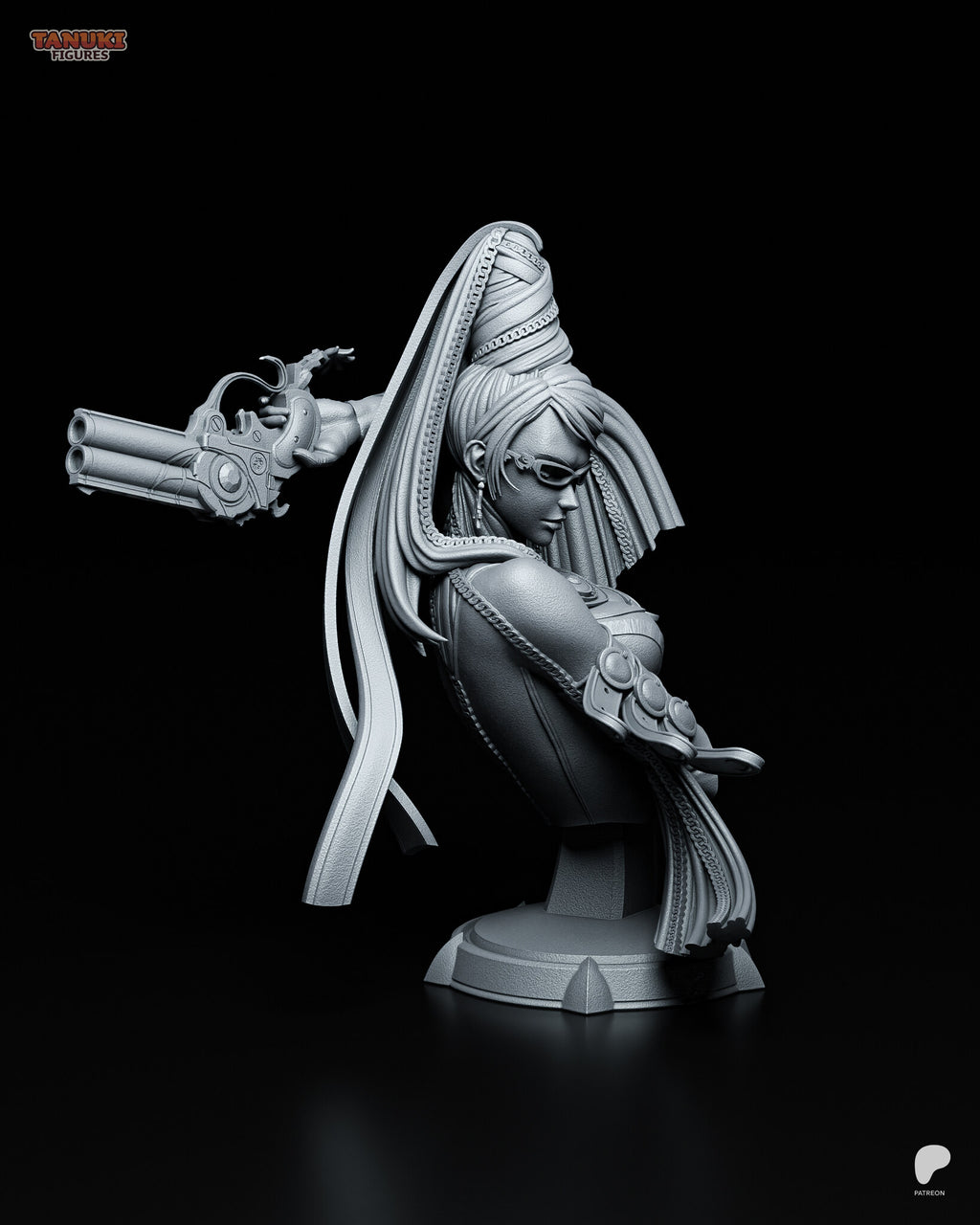 Sculptor's render (kit ships unpainted): side profile with the glasses, drop earring, tall wrapped hair and long ribbons beside the base