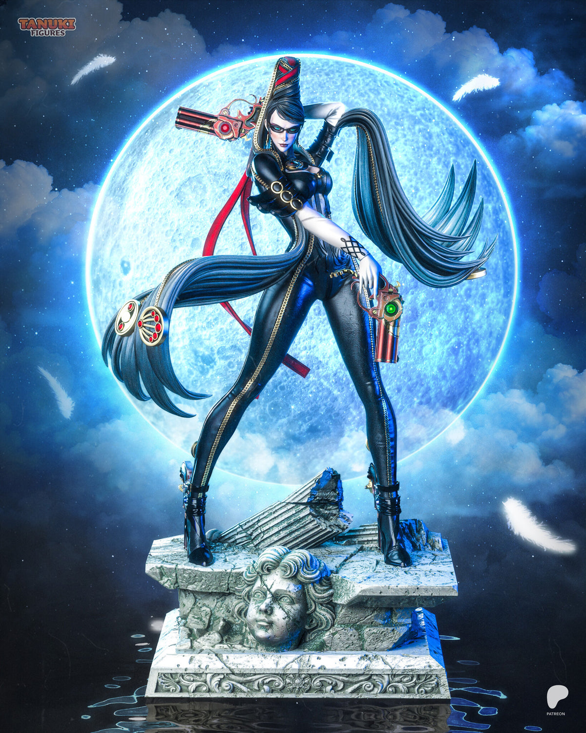 Sculptor's render of the painted design (kit ships unpainted): full statue from the front, one pistol behind her head and one at her hip, on the ruined cherub base